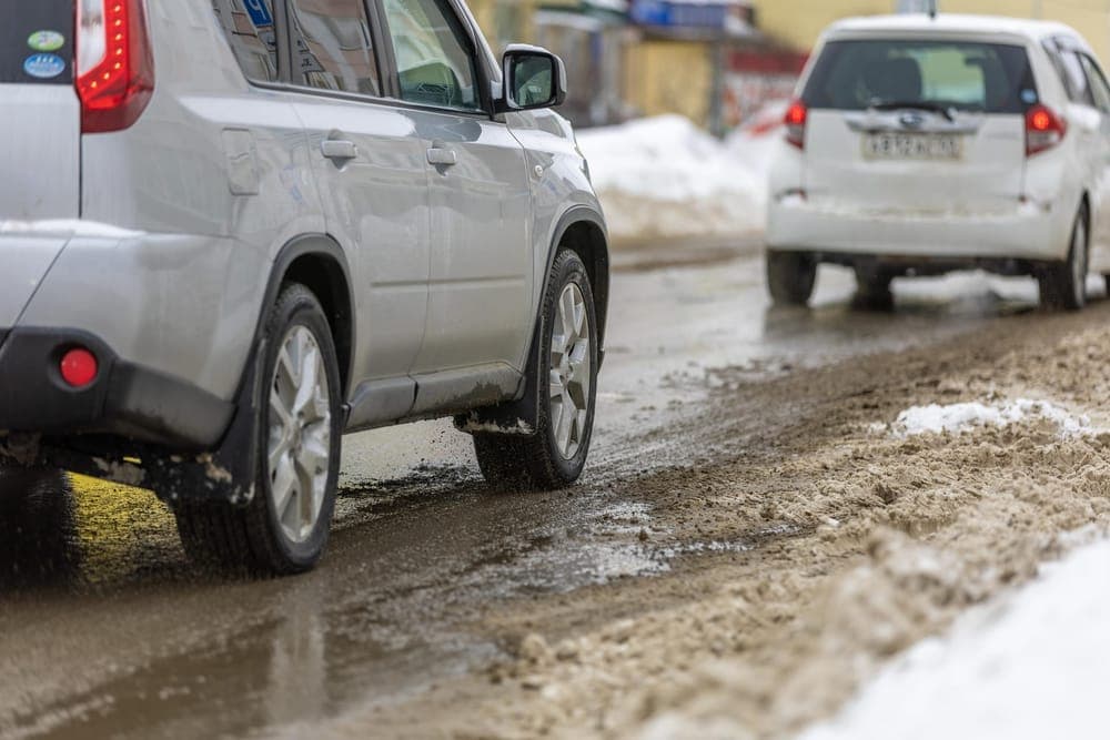 A wet road during a spring thaw